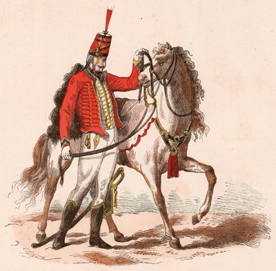 Un ussaro francese in uniforme accanto al suo cavallo da Unknown
